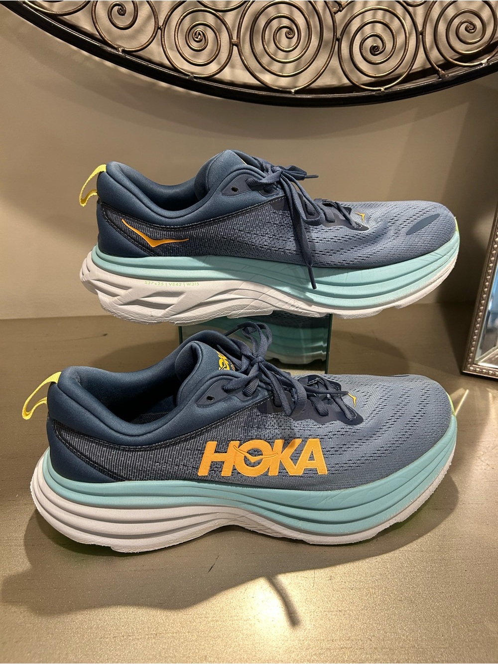 HOKA Bondi 8 Blue Knit Running Shoes with Aqua Midsole and Yellow Accents 10.5